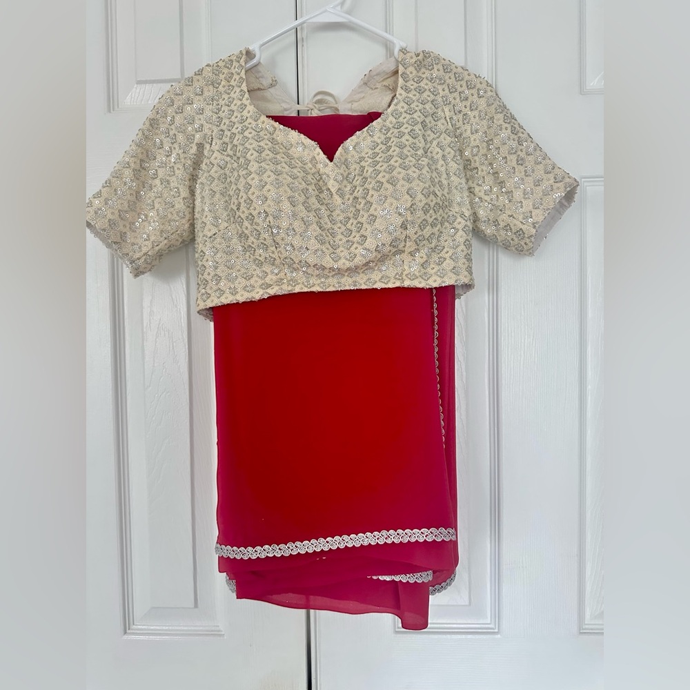 Dark red saree with silver/white blouse